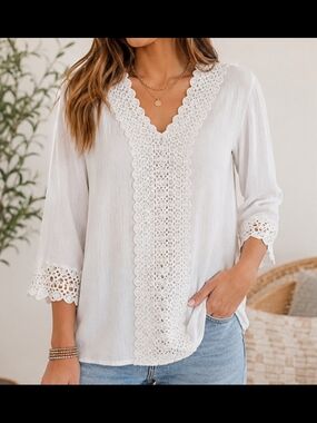 Lucky & Coco White Cotton Gauze Lace Trim Boho Tunic Top XL Crochet V-Neck Beach